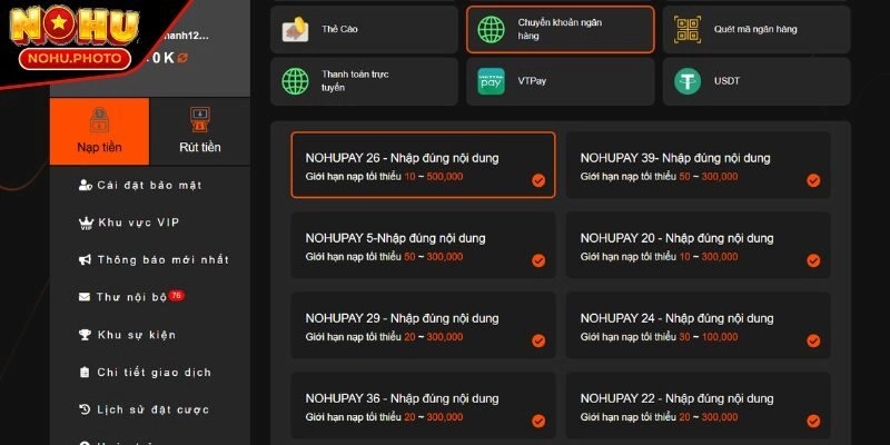 Nạp tiền Nohu qua hình thức chuyển khoản ngân hàng