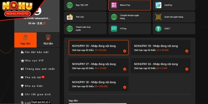 Nạp tiền Nohu qua ví Momo